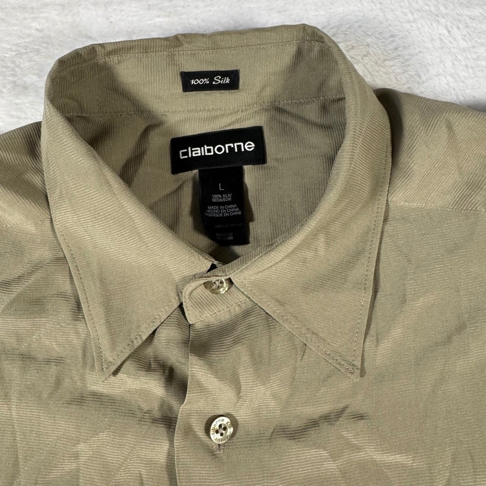 Vintage Claiborne Button Up Shirt Mens L Olive Green Khaki 100% Silk Ribbed